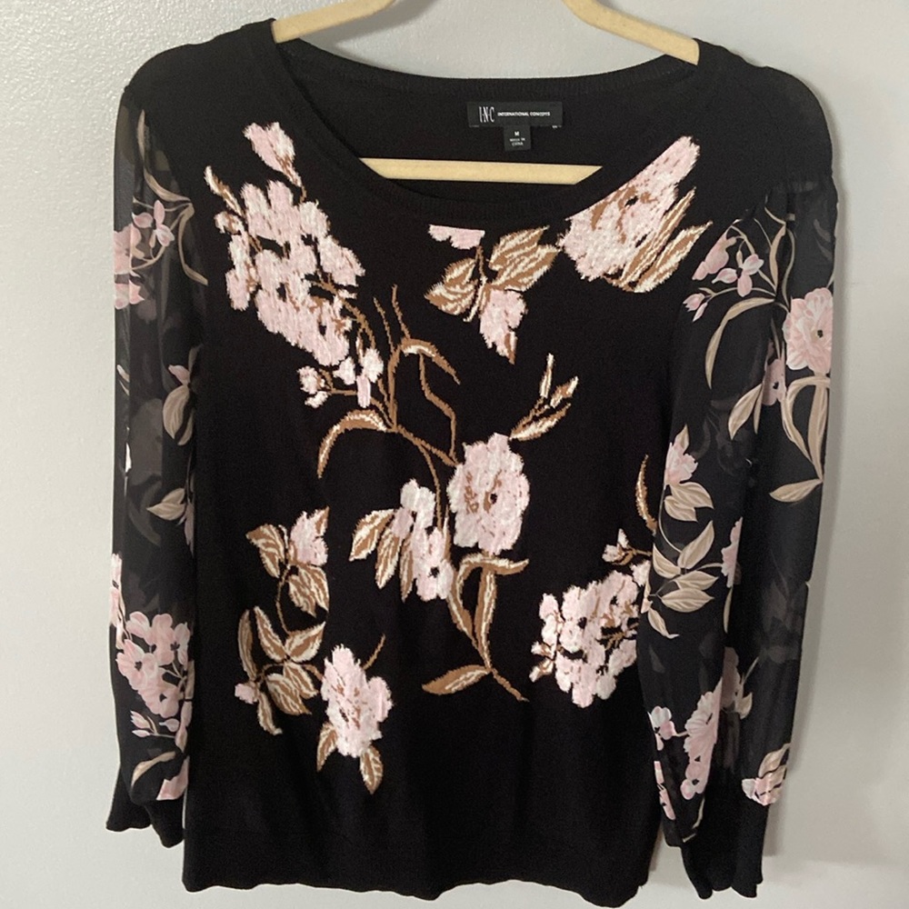 INC International Concepts Black Floral Knit Top with Pink and Tan Accents